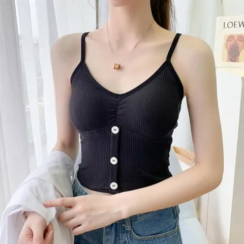 [하프클럽/다잇템]여자 골지 포인트 내장 캡 버튼 크롭탑 브라탑