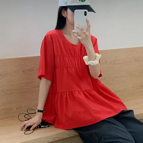 |KSH3EB9|여성 대형 비비드 프릴 캉캉 반팔 블라우스