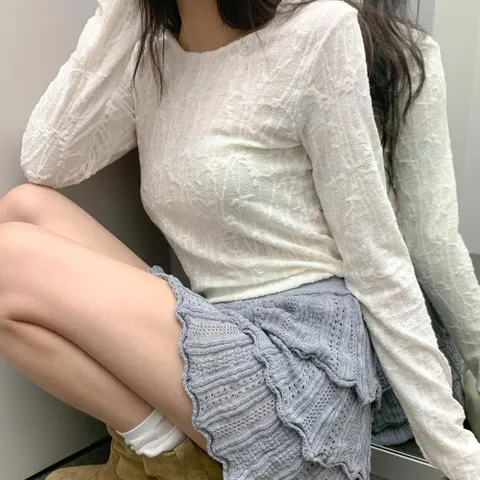 |KMTA4F0|여성 슬림 보트넥 레이스 폴리 티셔츠