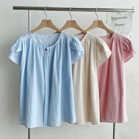 여성 줄지 날개소매 프릴 귀여운 면원단 블라우스
