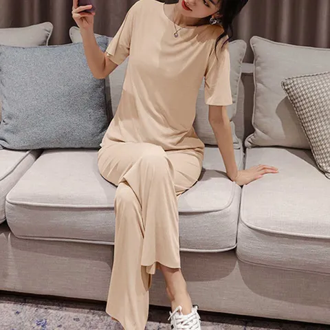 잠옷 파자마 홈웨어 여자 반팔 긴바지 세트 이지 라운지 홈 웨어 여름