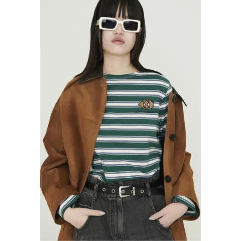 [LUCKY CHOUETTE][Signature] Chouette Stripe Long Sleeve T-shirt - LFTAM25710GRX