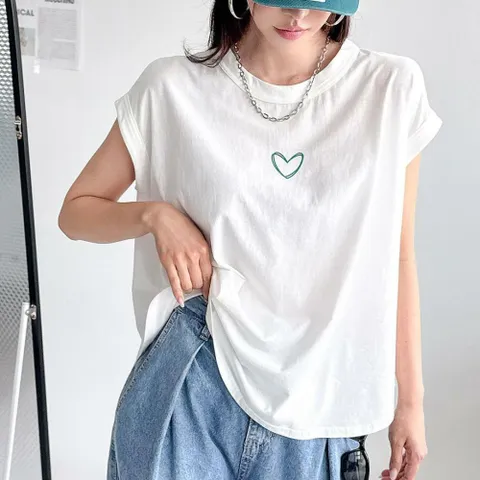 |KST96AD|여성 하트 패턴 캡소매 라운드넥 루즈핏 티셔츠