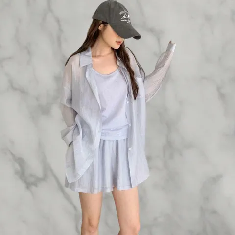 여성 여름 루즈핏 블라우스 민소매 반바지 3종 세트