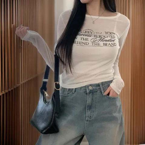 |KHT8F0D|여성 시스루 레터링 드롭숄더 긴팔 티셔츠