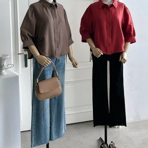 [하프클럽/다잇템]여성 오피스룩 벌룬 소매 옆스트링 블라우스