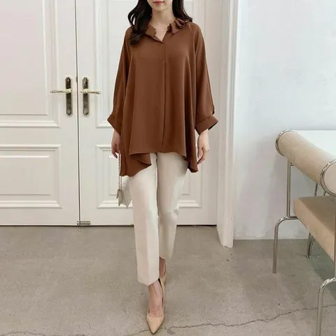 [하프클럽/다잇템]여자 롱슬리브 언발란스 카라 플리츠 블라우스