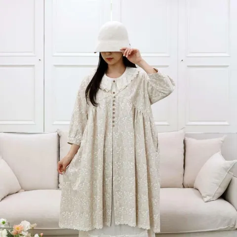 여자 봄 여름 린넨 플라워 꽃 자수 로브 롱 가디건