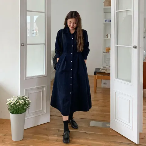 여자 2WAY 롱셔츠 겨울하객룩 스트랩 피치 롱원피스