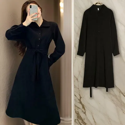 여성 롱슬리브 카라 스트랩 검정 원피스