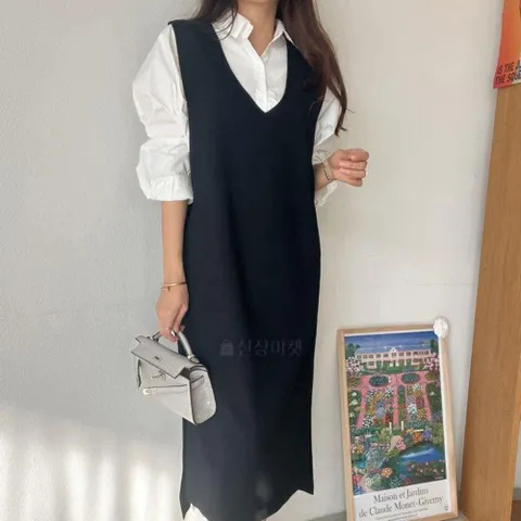 여자 핀턱 하객룩 브이넥 언발 슬릿 롱원피스_X +할인쿠폰