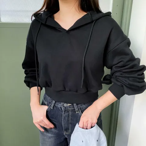 여자 브이넥 크롭 기모 후드 숏 긴팔티셔츠