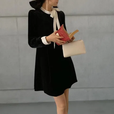 |CCO578E|여성 클래식 블랙 벨벳 배색 리본 두꺼운 미니 드레스