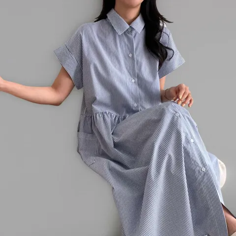 |KSO5421|여성용 파랑 스트라이프 반팔 셔링 긴셔츠 원피스