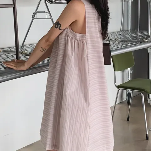 여성 나일론 스트라이프 미니 민소매 원피스