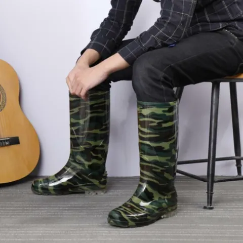 남성 작업신발 카키 방수 고무 롱 장화