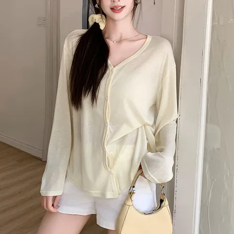 여성용 루즈핏 브이넥 시스루 긴팔 가디건 +할인쿠폰