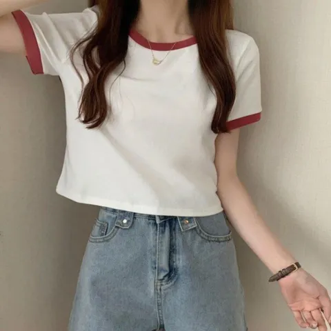 티셔츠 라운드 소매 배색포인트 무지 크롭 캐주얼 반팔티셔츠