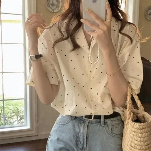 [하프클럽/다잇템]여자 카라 땡땡이 아이보리 환절기 블라우스