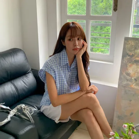 |KHH3FB5|여성용 체크 패턴 루즈핏 캡소매 둥근밑단 블라우스