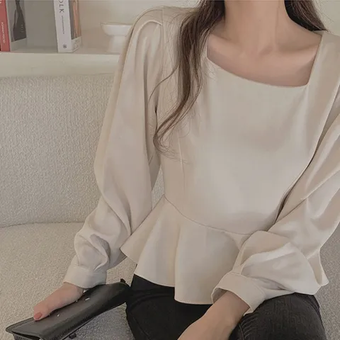 블라우스 브라우스 여성 셔츠 스퀘어넥 밑단 레이스 스타일