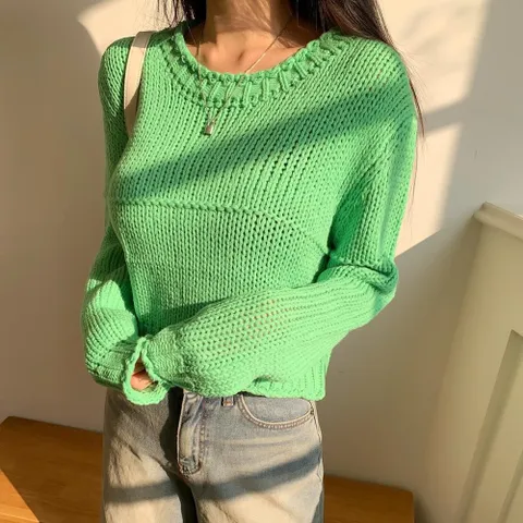 스리치 스웨터 여성 크루넥 크롭 베이지 롱슬리브 스프링 +할인쿠폰