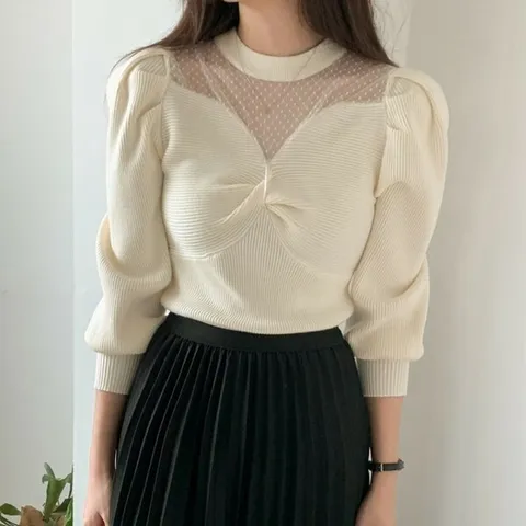 [하프클럽/다잇템]여자 페미닌 망사 골지니트 믹스 땡땡이 니트