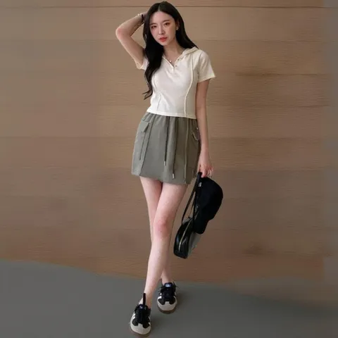 |KMT9187|여성 후드 세미 크롭 반팔 티셔츠 슬릿 디자인