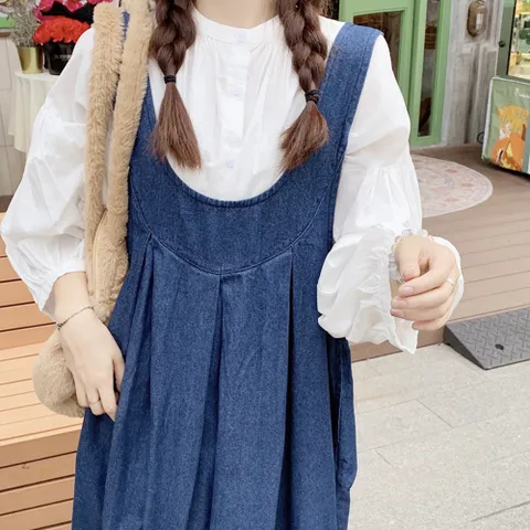 [샵앤] 여성 청 데님 뷔스티에 체형커버 뒷주름 리본 롱 원피스 MSE-WDR-20268-진청