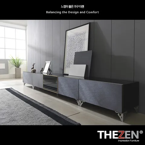 [더젠] 자넬202 메탈릭실버 고급 2700거실장세트1(상판흑경 스틸다리)