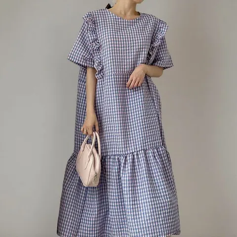 [하프클럽/옷자락]여성 러블리 프릴 대형 사이즈 시어서커 체크 롱 드레스