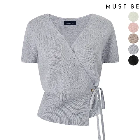 [머스트비] 사선버튼 랩 브이넥 반팔니트