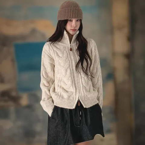 |CMT9B79|여성 울 혼합 소재 단색 꽈배기 디자인 투웨이 집업 니트