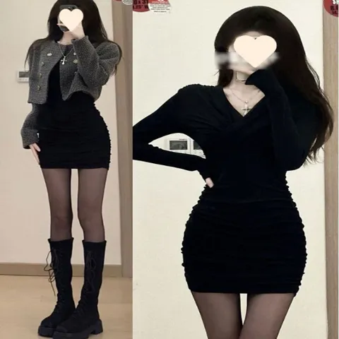원피스 OPS 홈웨어 플리츠 주름 페미닌룩 여성 블랙 미니