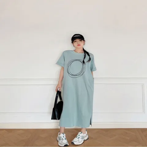 원피스 OPS 홈웨어 반팔 면 롤업 루즈핏 여성