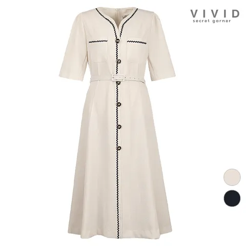 여름 배색라인 벨티드 반팔 원피스