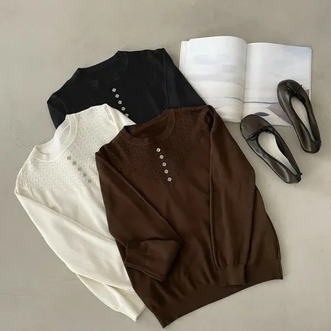 [하프클럽/옷자락]여자 펀칭 요크 기본 무지 직장인 긴팔 가을 니트