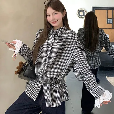 [유어하젤] 나모르 깅엄체크 레이스 벨트 면셔츠_S4617