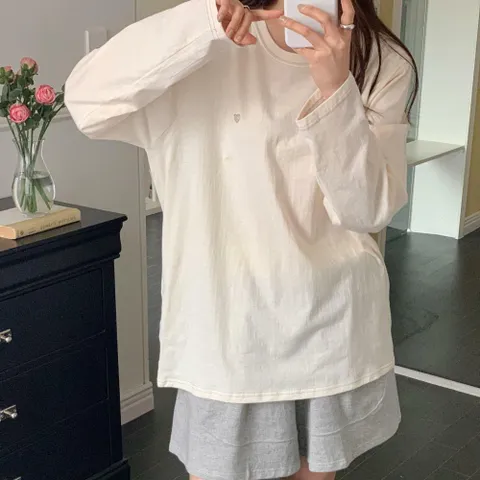 여자 오버핏 여름긴팔 하트펜던트 배색 반바지 세트