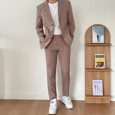 언탭트 남성용 여름 린넨 포켓 쓰리버튼 수트 팬츠 세트, 자켓(L), 바지(..., 베이지