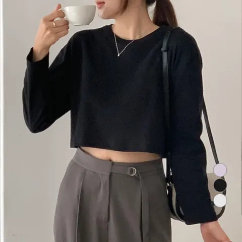 아피나르 여성용 세미 크롭 긴팔 티셔츠, L, BLACK