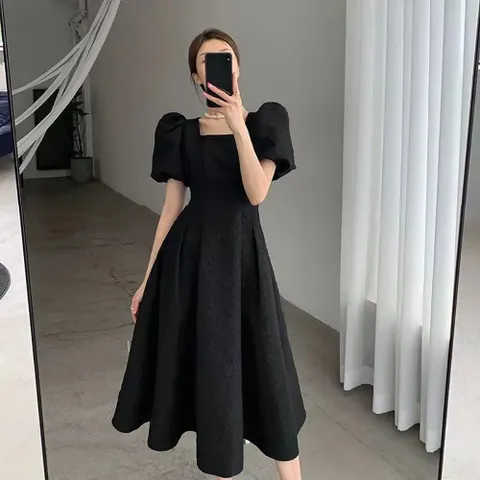 피어니스트 스퀘어넥 퍼프소매 반팔 원피스, M, 블랙