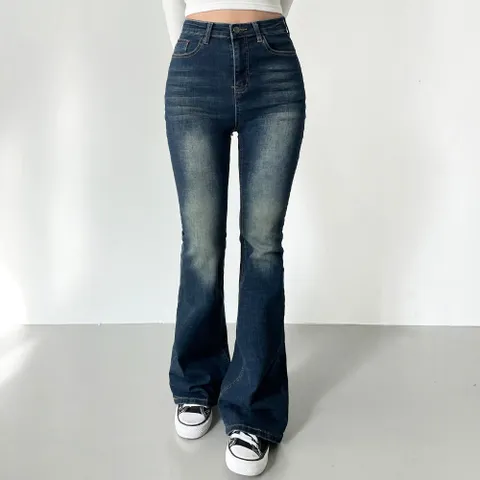 잘빠진 여성용 하이 롱 데님 부츠컷 팬츠, XL, 진청