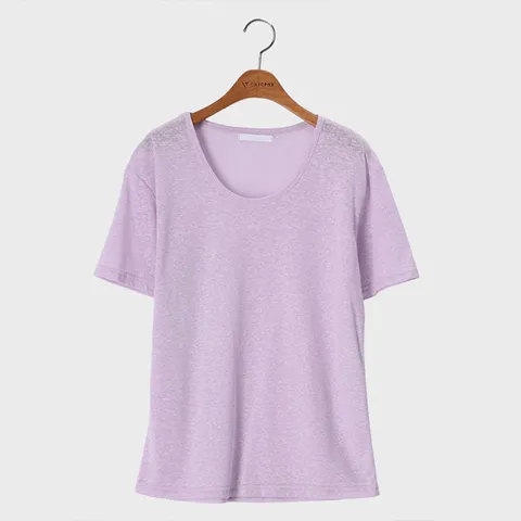 시크폭스 여성용 코지린넨 반팔 티셔츠 U넥, FREE, 퍼플