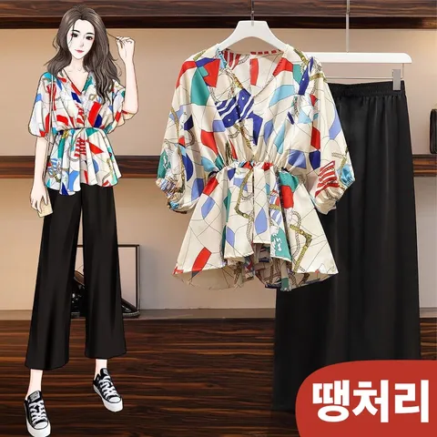 (땡처리 특가상품) 여성 여름 반팔 블라우스 와이드 팬츠 투피스 빅사이즈 이쁜 루즈핏 쉬폰 프린팅 허리꼬임 셔링 레이어드 큰옷 큰언니 데일리 셔츠 밴딩 9부 바지 세트 이월상품