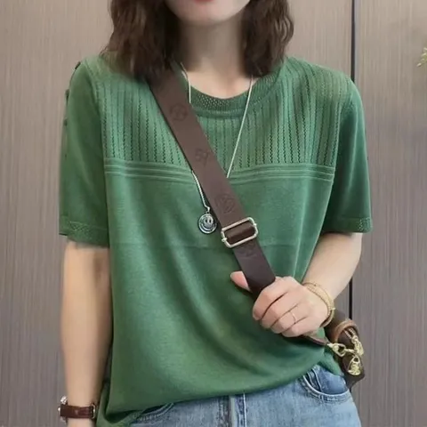 zazx 여성 반팔 티 여성 반팔 톱 여름 냉장고 원단 빅 사이즈 반팔 니트 편안한 통기성이 좋은 헐렁헐렁한 날씬해 보이는 스타일리시한, S(40-45kg), 검푸른 빛깔