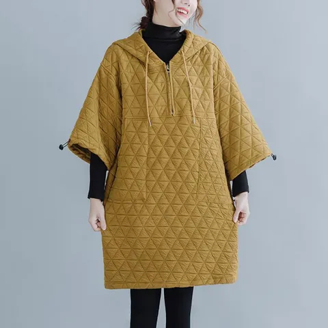 ROYALBELLE 여성 반팔 빅사이즈 패딩 원피스 하프집업 퀼팅 오버핏 패션 미디 후드 원피스 V102843, 옐로우, 2XL