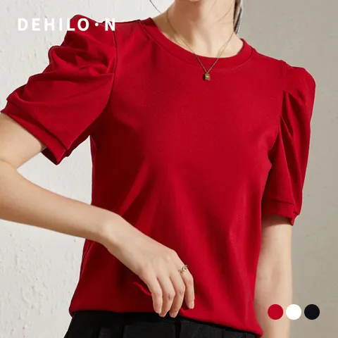 데일로엔 여성용 퍼프 슬리브 라운드 반팔 티셔츠, 레드, XL