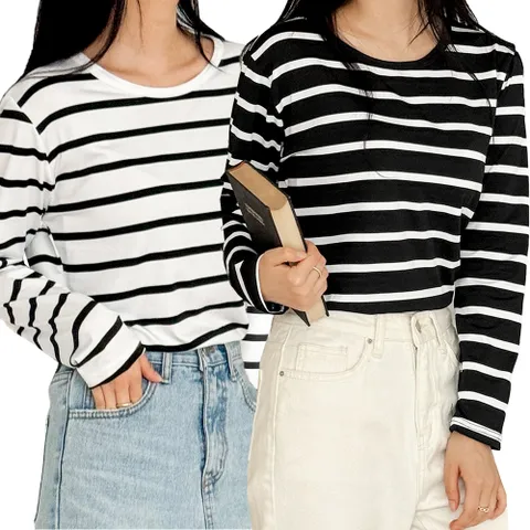 댄데이 여성 스트라이프 라운드 긴팔티 티셔츠 2종 세트, 화이트 +블랙, M/L