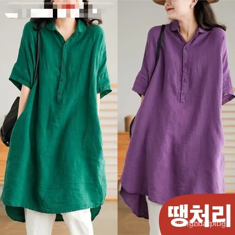 (땡처리 특가상품) 1+1 여성 여름 린넨 브이넥 반팔 원피스 빅사이즈 편한 카라 루즈핏 무지 솔리드 린넨 시원한 40대50대 중년여성 데일리 미디 셔츠형 박스 원피스 이월상품, 그린(1P), XL